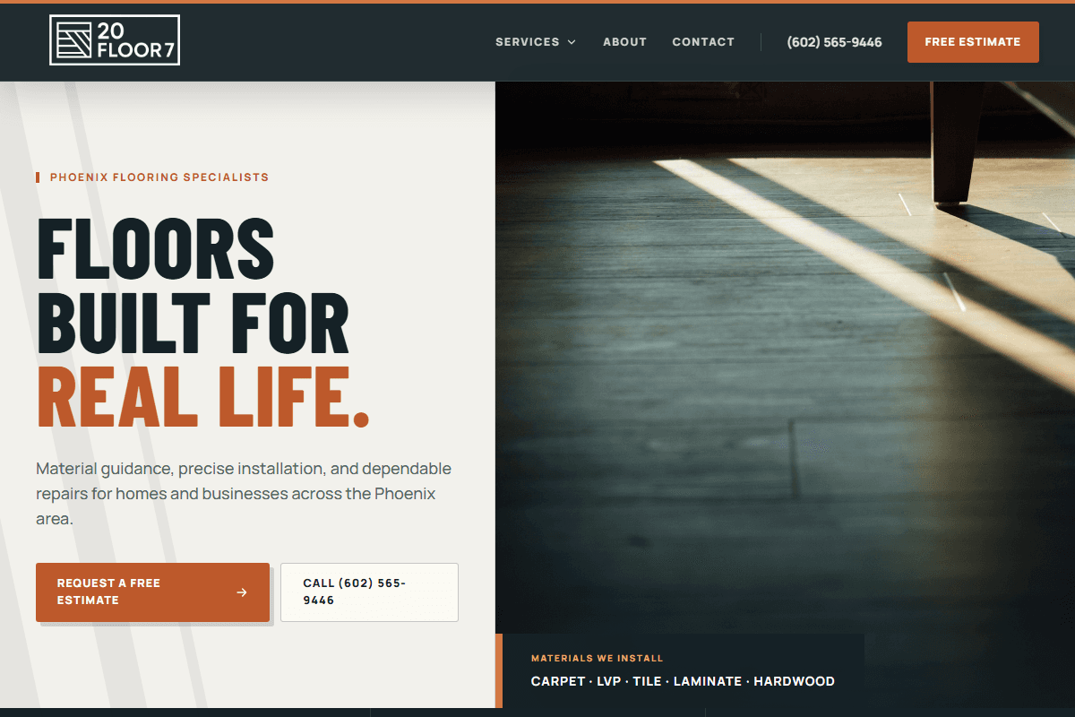 Redesigned 20 Floor 7 website homepage for a Phoenix flooring contractor