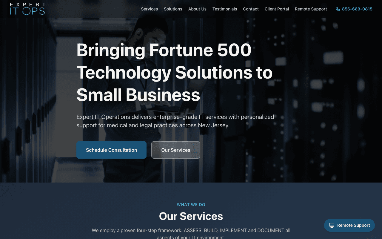 Expert IT Operations website homepage featuring Fortune 500 technology solutions for small businesses with dark professional design